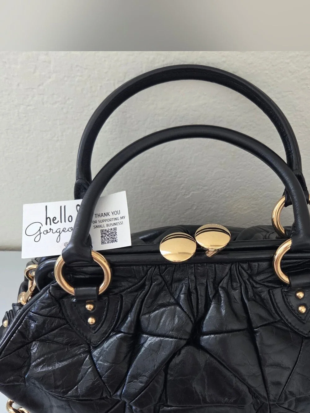 Black Quilted Leather Satchel with Gold Chain